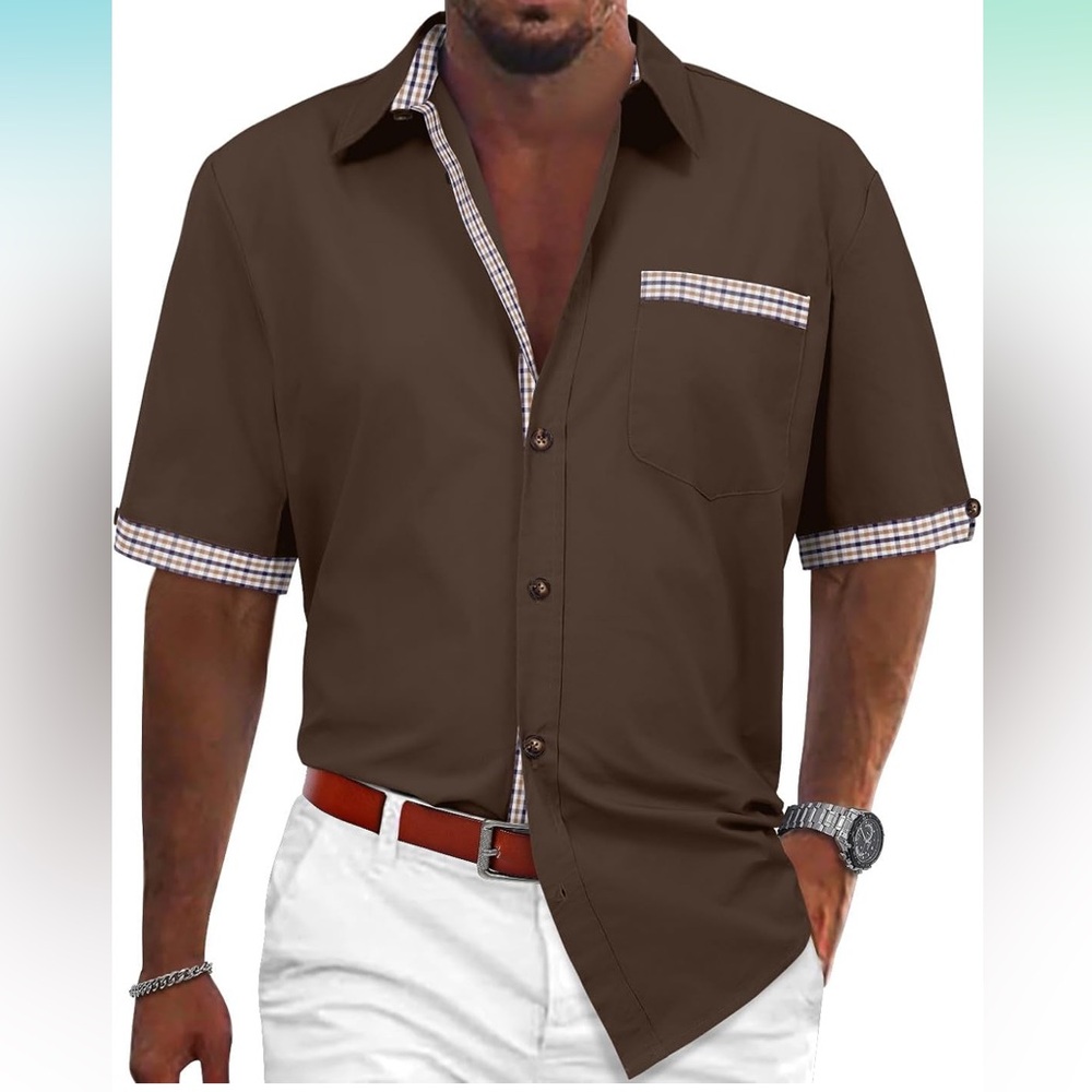 Mens Casual Button Down Short Sleeve Shirt Lightweight Cotton Dress Shirts